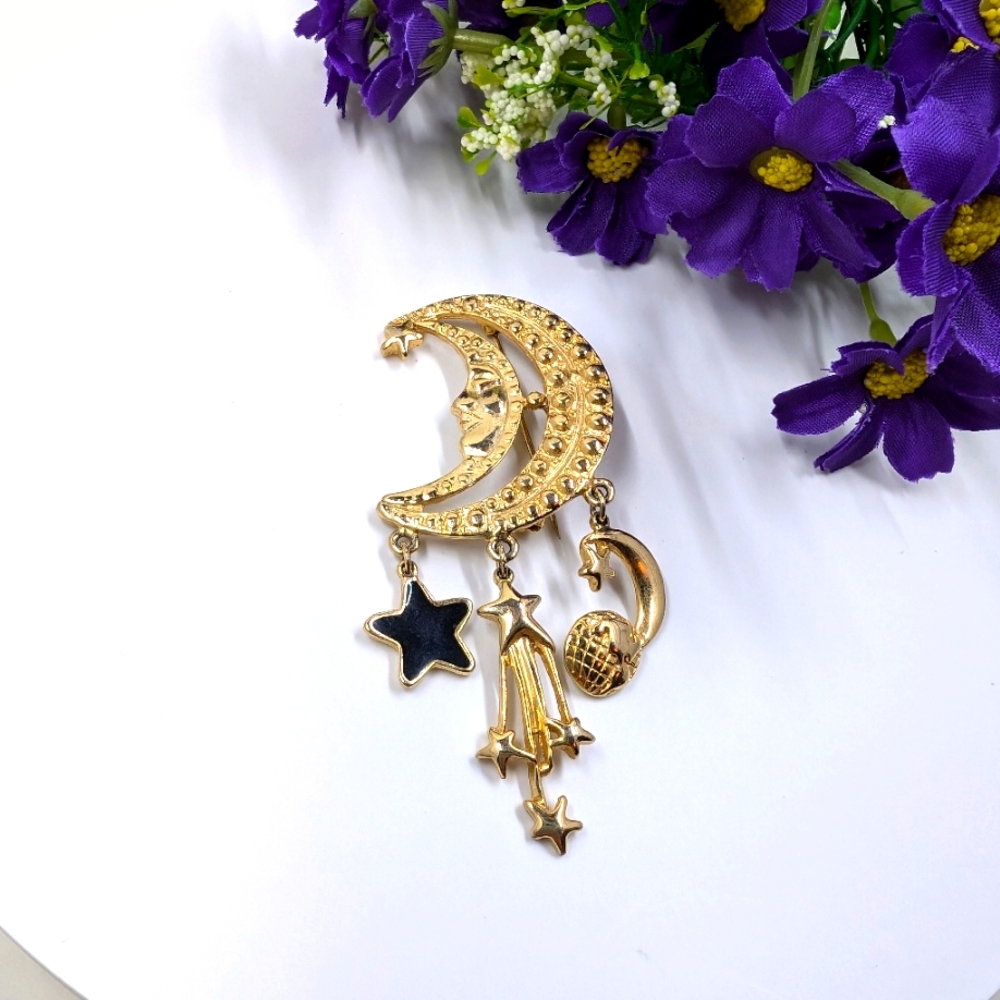 Oversized Crescent Moon with Dangling Charms Vintage Gold Plated Brooch